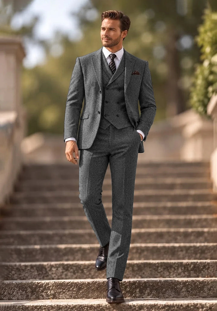 Herenkostuum in drie delen met slim fit in visgraatmotief, met double-breasted vest