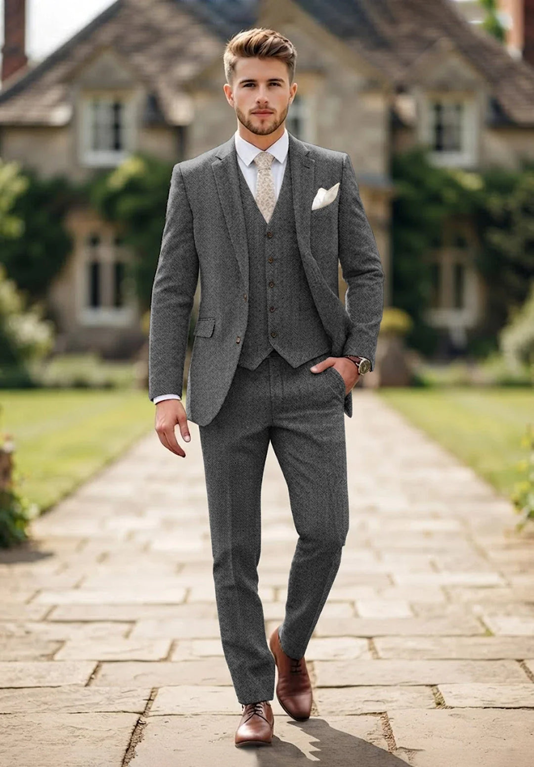 Costume Trois Pièces Homme Coupe Regular en Chevrons avec Col Notch et Poches à Rabat