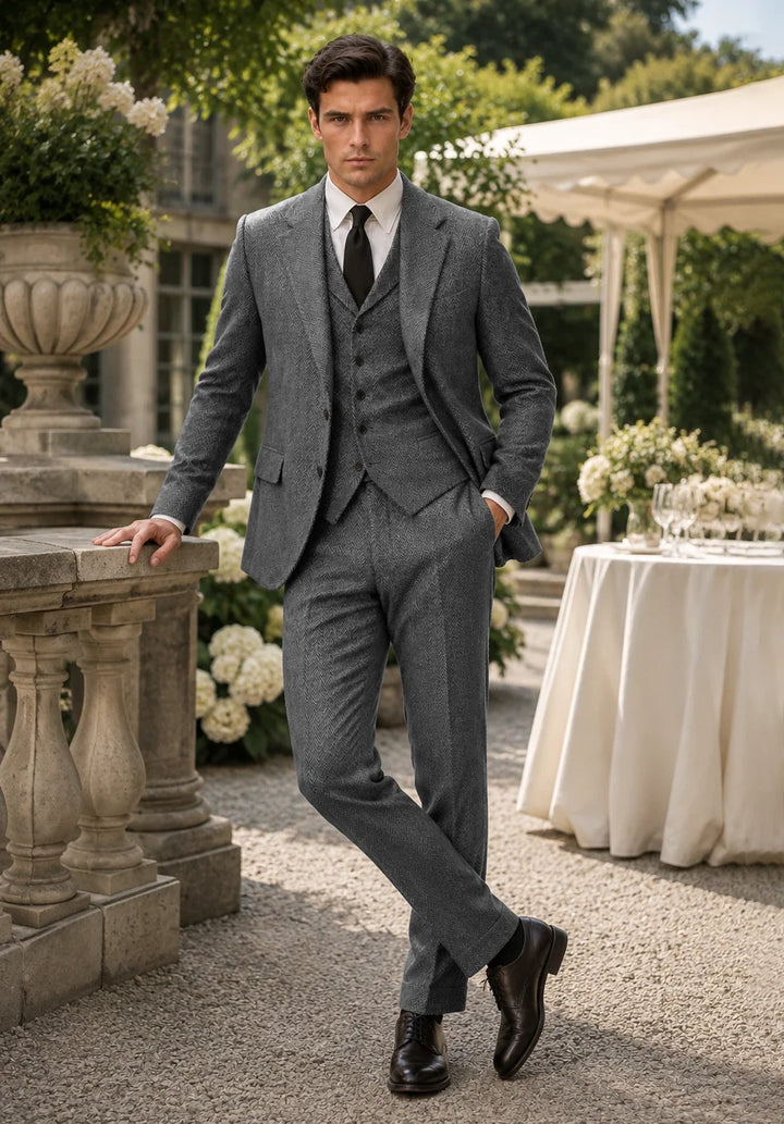 Costume Trois Pièces Homme Coupe Slim en Chevrons avec Col Notch et Gilet Assorti