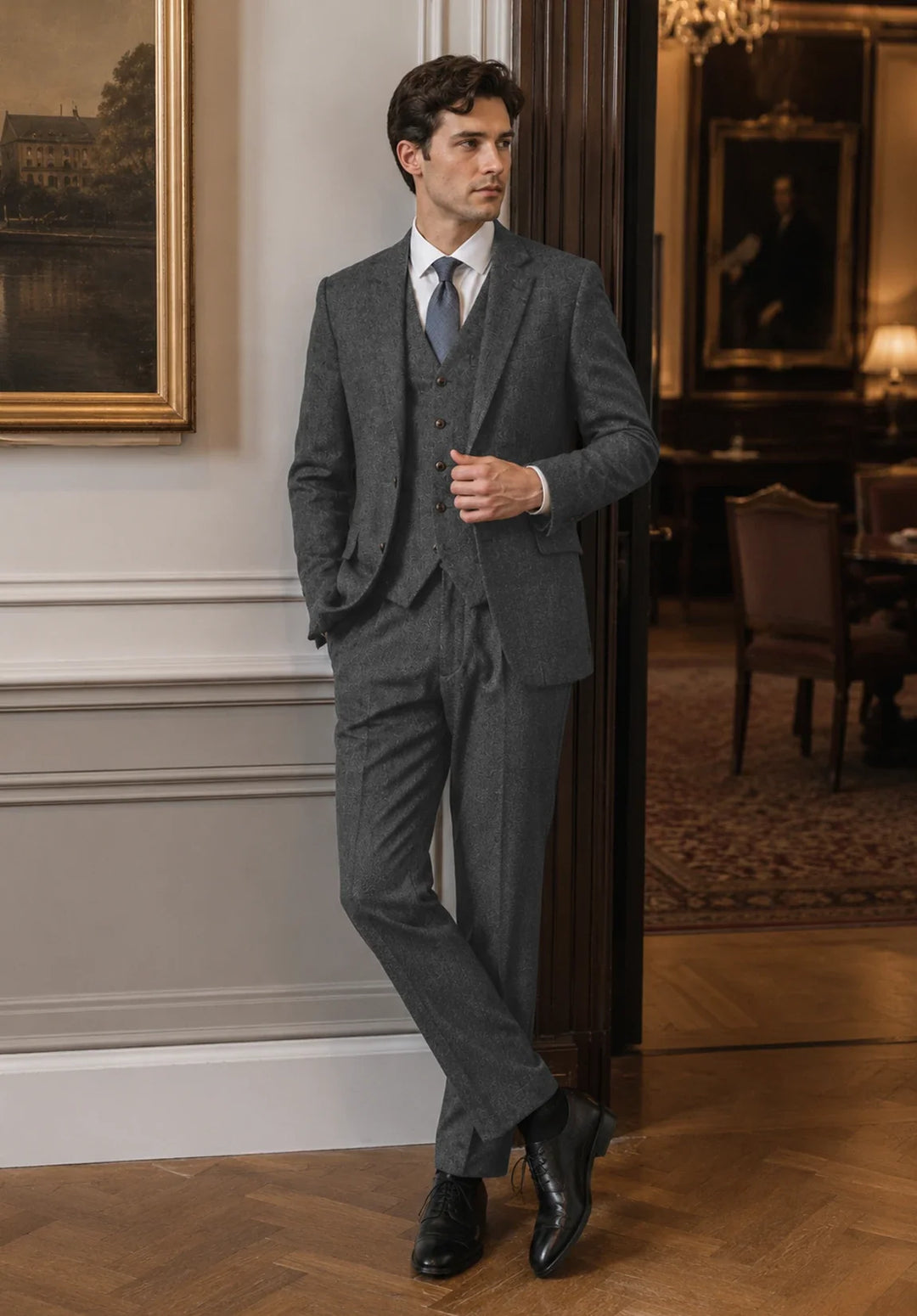 Costume Trois Pièces Homme Coupe Regular en Chevrons avec Col Notch Classique et Gilet Assorti