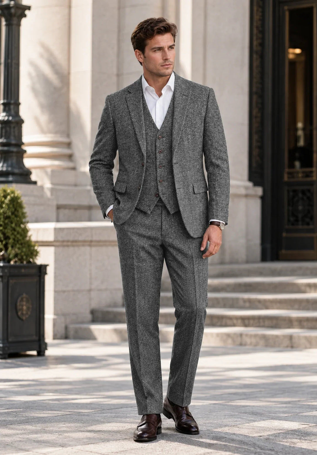 Completo uomo tre pezzi slim fit a spina di pesce con gilet abbottonato