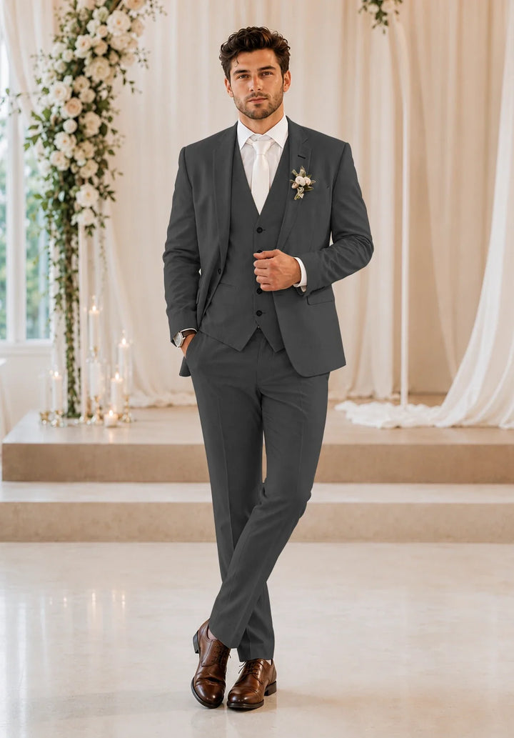 Men's Slim-Fit Three-Piece Suit in a Linen Blend with Notch Lapel and Five-Button Vest