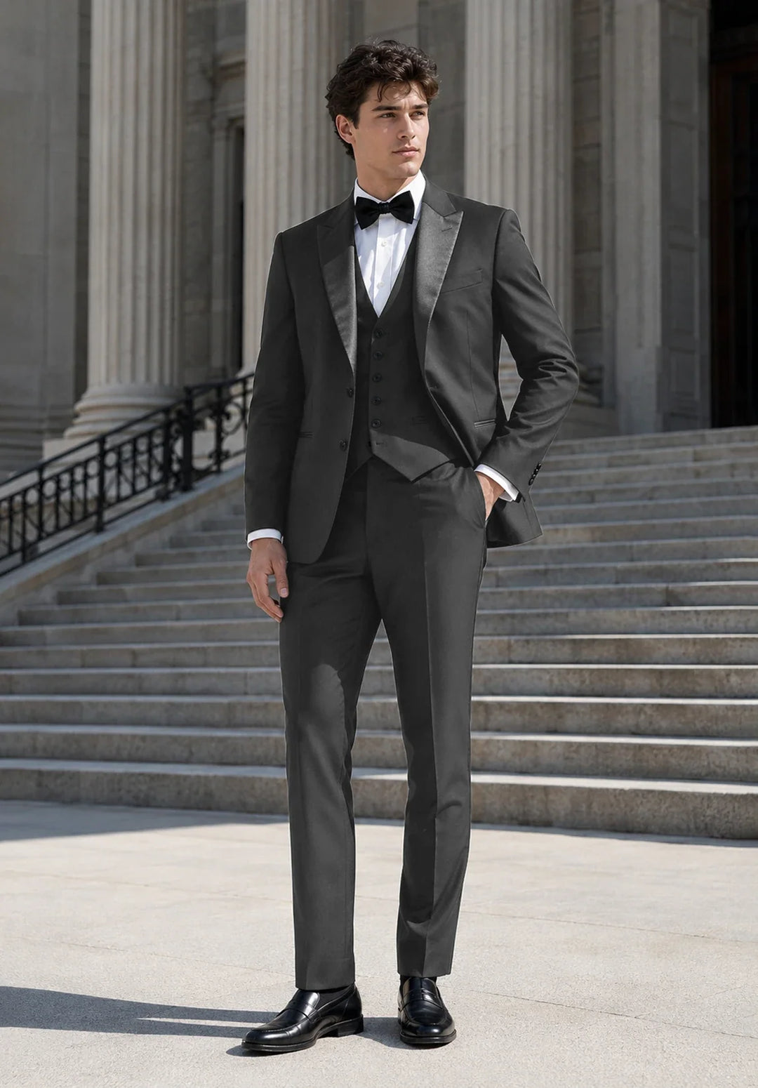 Costume Trois Pièces Homme Coupe Regular avec Col Peak en Satin et Gilet Boutonné