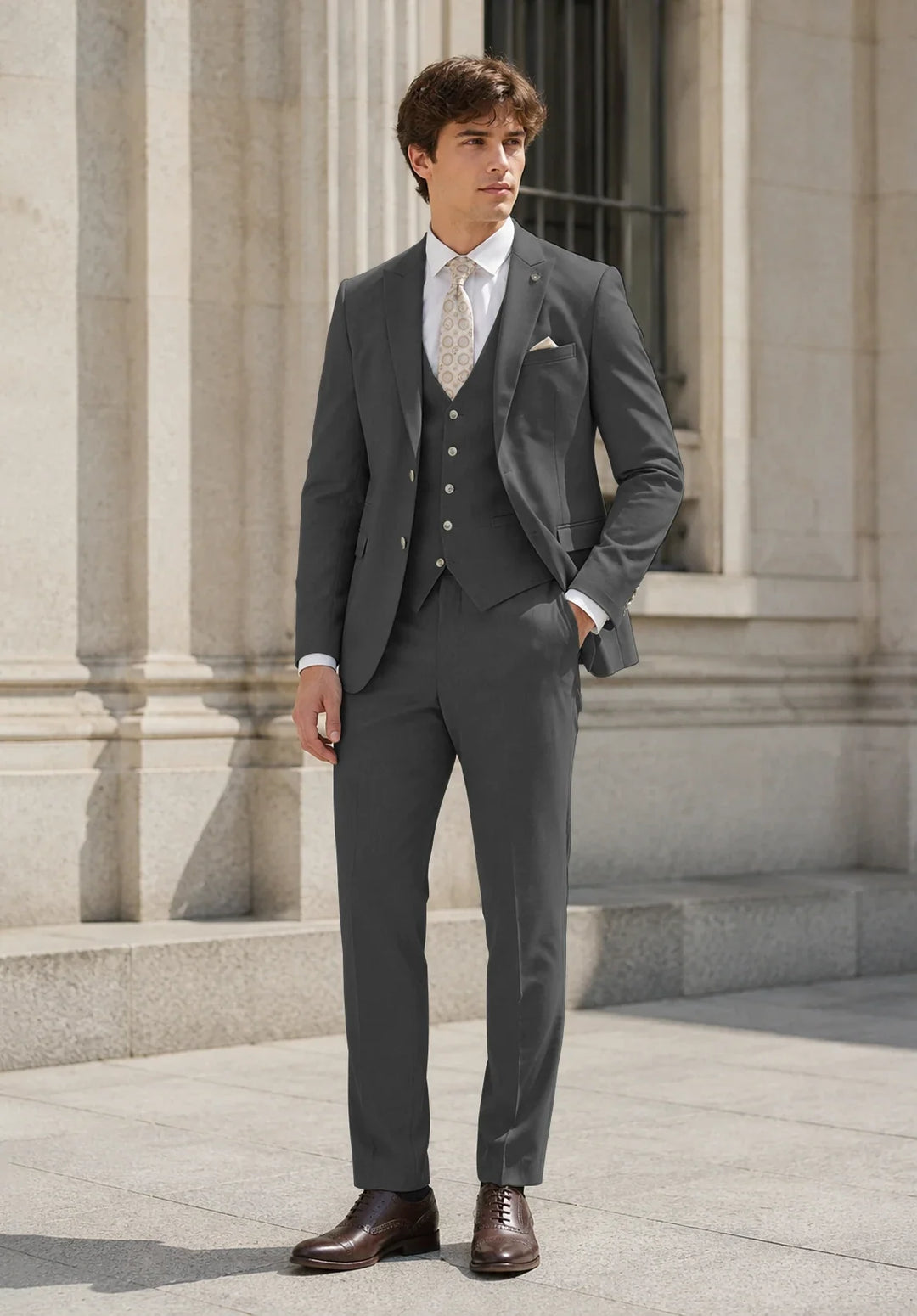 Costume Trois Pièces Homme Coupe Slim avec Col Notch et Gilet Six Boutons