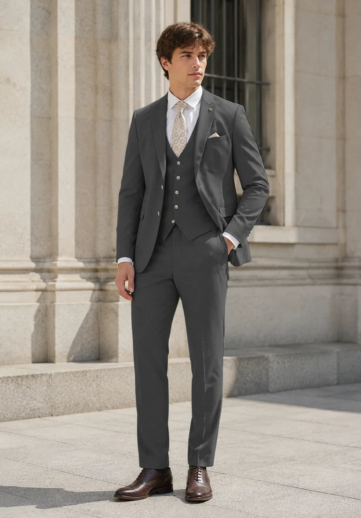 Costume Trois Pièces Homme Coupe Slim avec Col Notch et Gilet Six Boutons