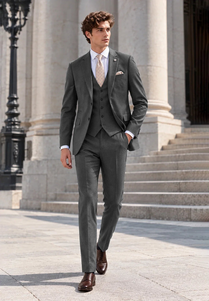 Costume Trois Pièces Homme Coupe Moderne avec Col Notch et Gilet Cinq Boutons