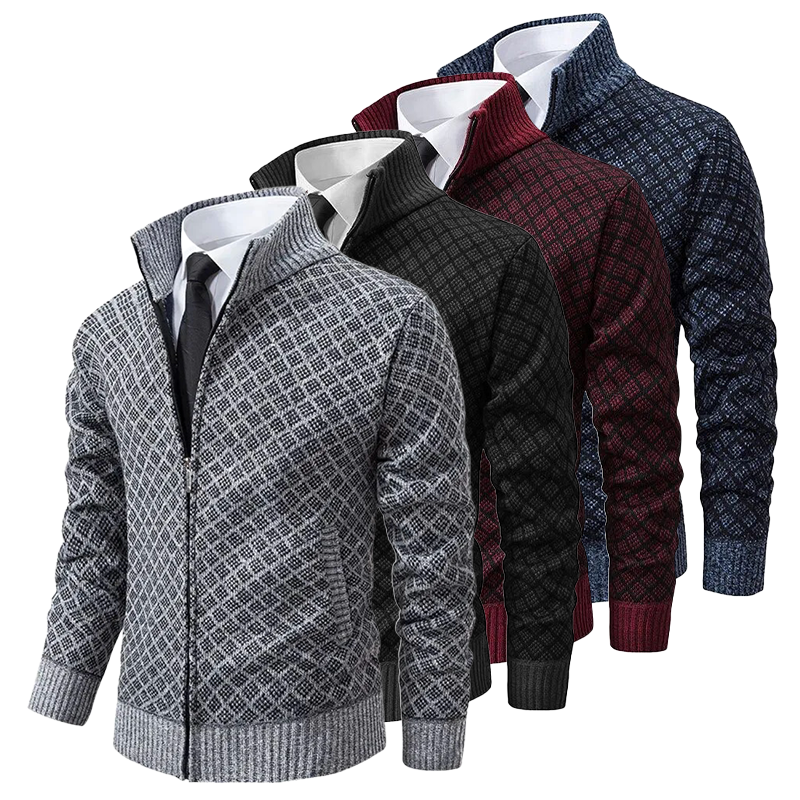 Cardigan Zippé à Col Montant et Motif Jacquard pour Homme