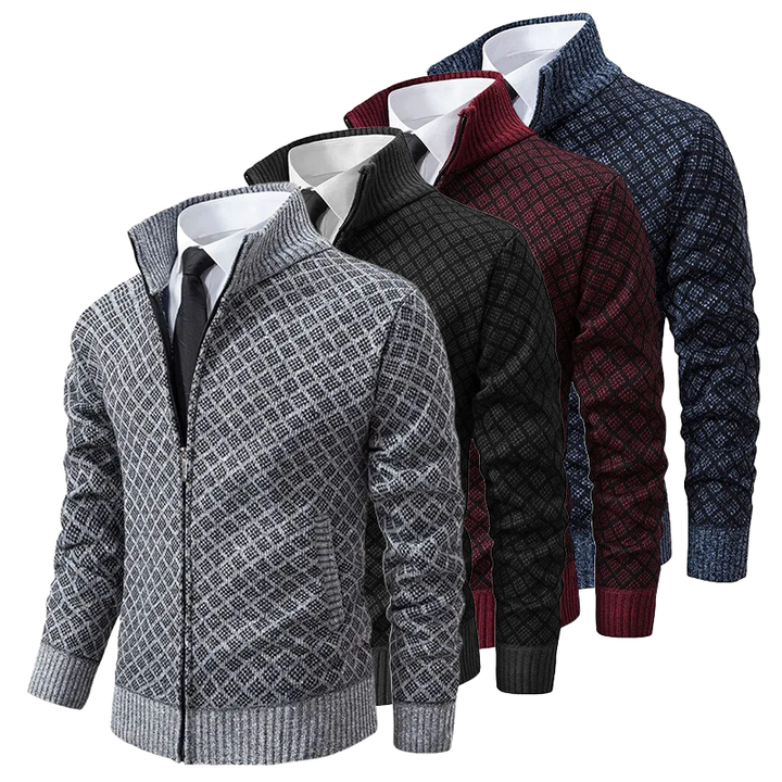 Cardigan Zippé à Col Montant et Motif Jacquard pour Homme