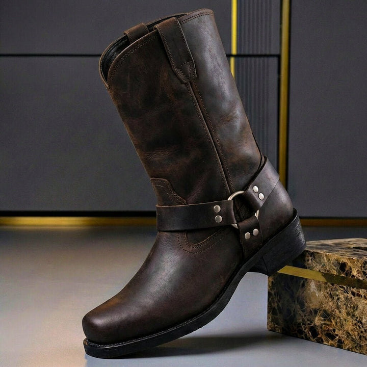 Hohe Herren-Westernstiefel mit Schnalle und runder Zehenpartie
