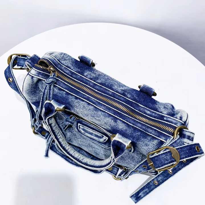 Women's Washed Denim Handbag with Zippered Pockets and Handles