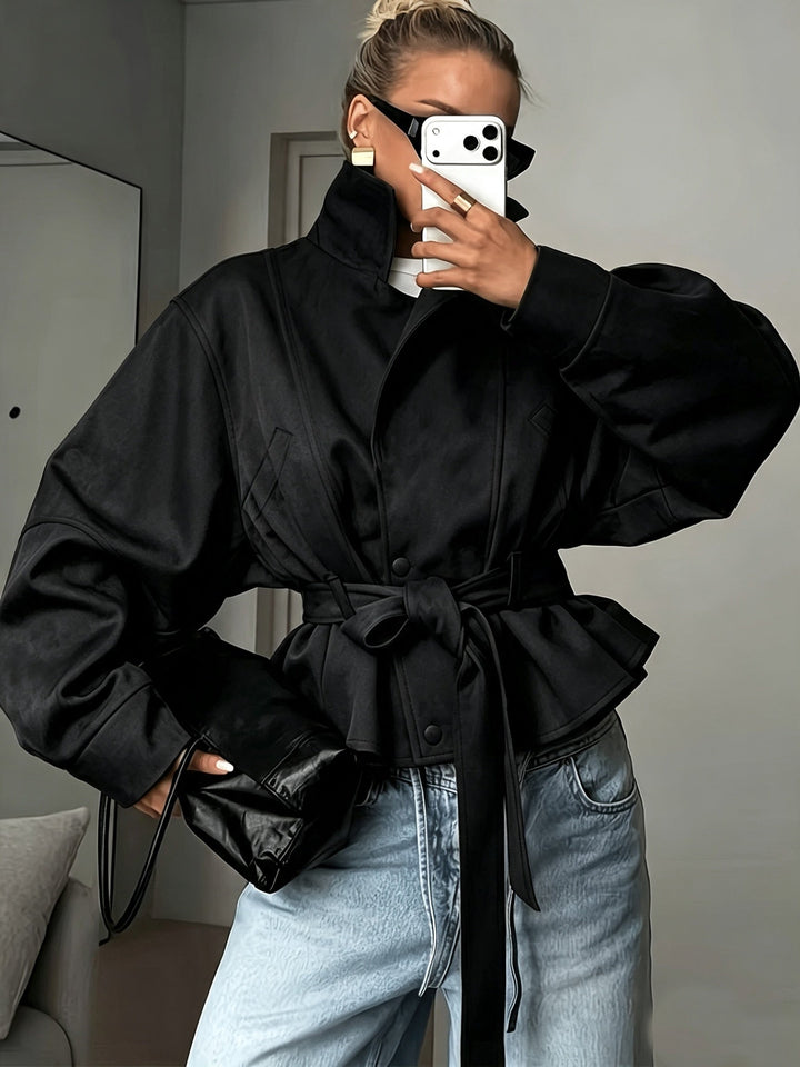 Veste Femme Col Montant Ceinturée En Daim Avec Manches Longues