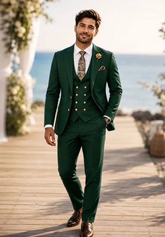 Costume Trois Pièces Homme Coupe Slim avec Col Notch et Gilet Croisé