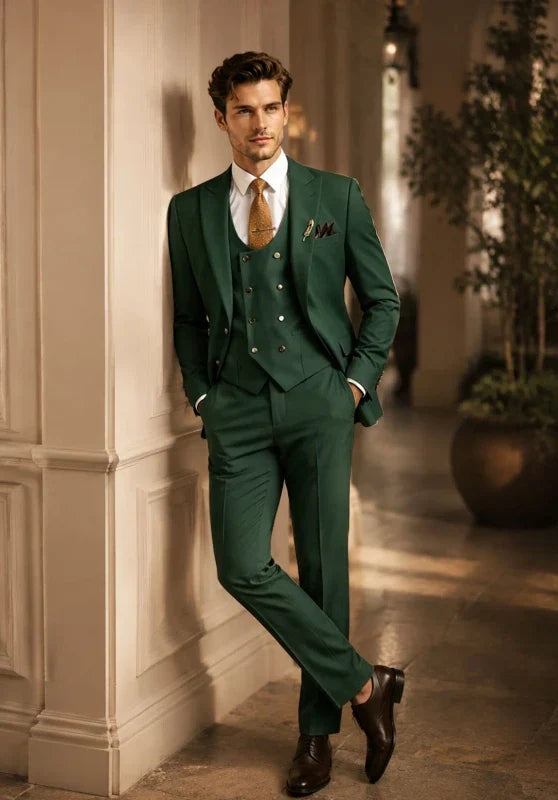 Costume Trois Pièces Homme Coupe Slim Élégant avec Col Peak et Gilet Croisé