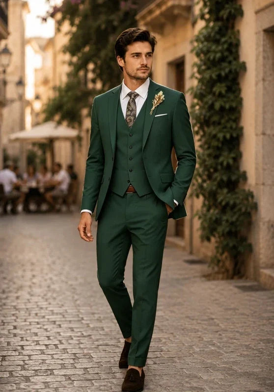 Costume Trois Pièces Homme Coupe Slim avec Col Notch et Gilet Col V