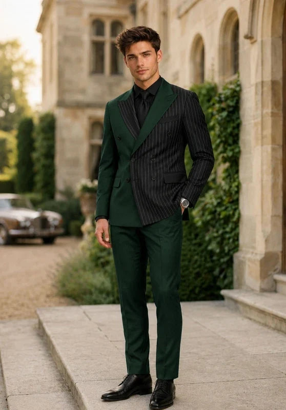 Men’s Two-Piece Striped Suit with Double-Breasted Jacket and Wide Peak Lapels