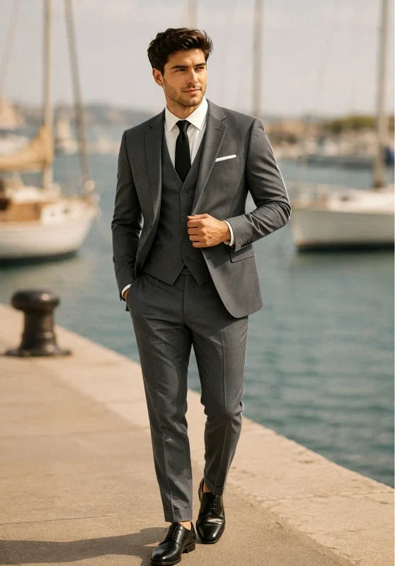 Costume Trois Pièces Homme Coupe Ajustée avec Col Notch et Gilet Col V