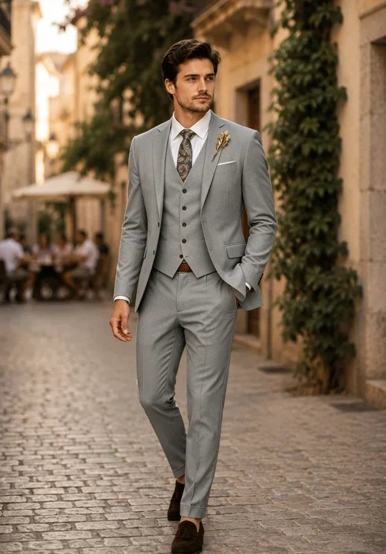 Costume Trois Pièces Homme Coupe Slim avec Col Notch et Gilet Col V