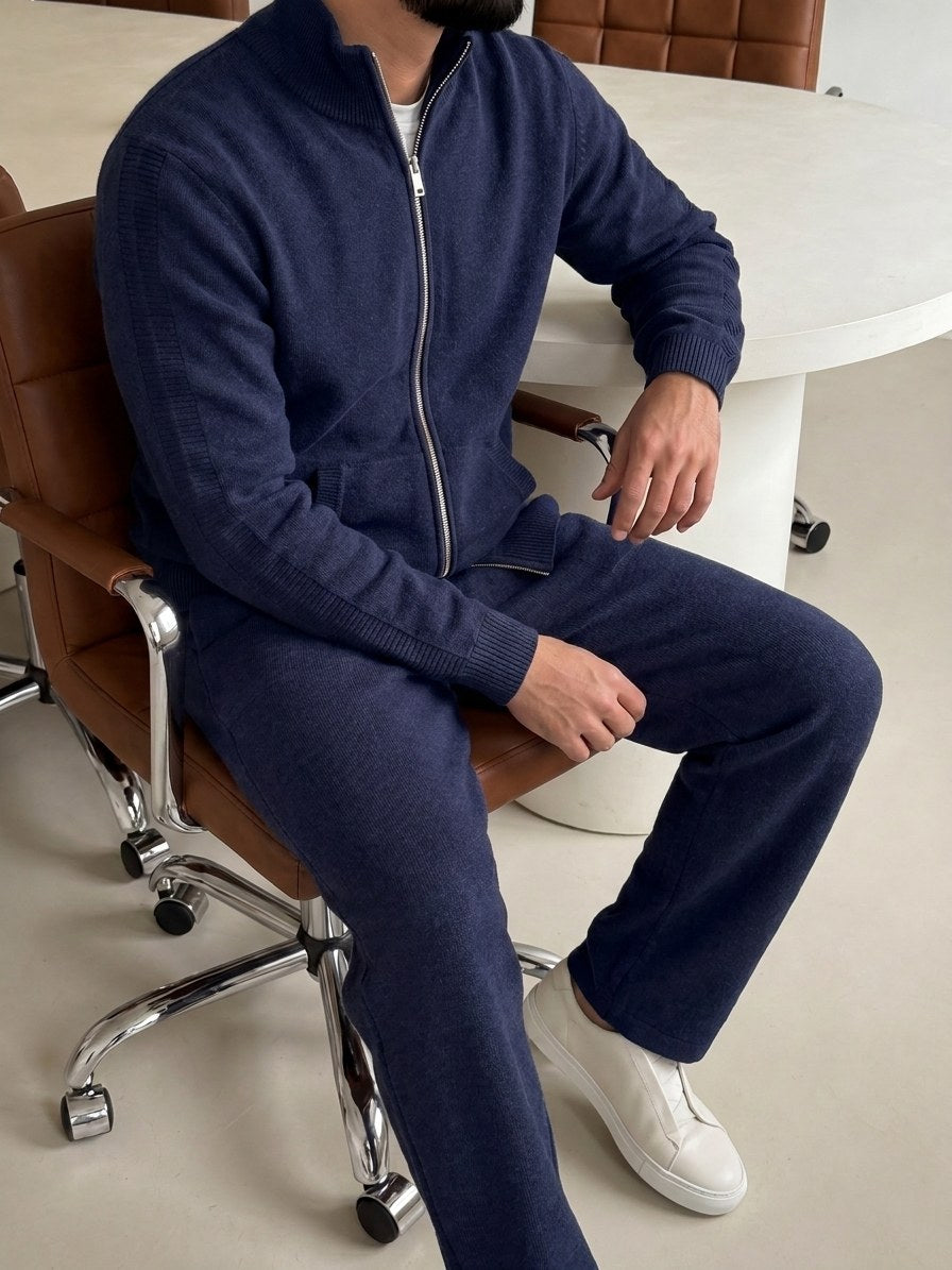 Ensemble Maille Homme Veste Zip Intégral Col Montant Et Pantalon Avec Poches
