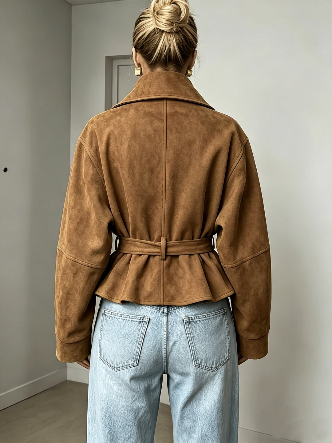 Veste Femme Col Montant Ceinturée En Daim Avec Manches Longues