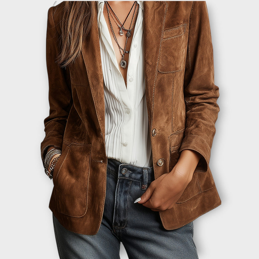Damesblazer van suède - getailleerd model met knopen in vintage stijl