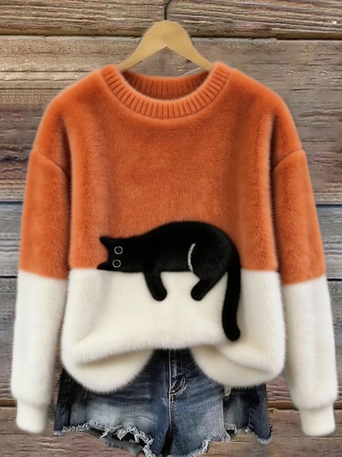 Women's knit sweatshirt - Two-tone with black cat motif