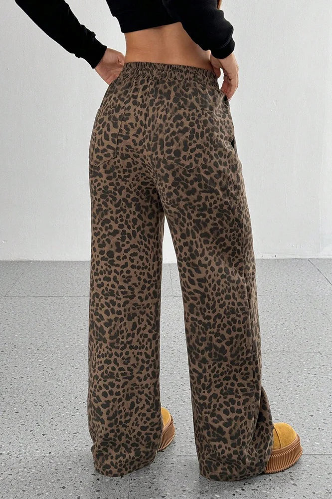 Women's Wide-Leg Pants - Leopard Print, Relaxed Fit with Pockets