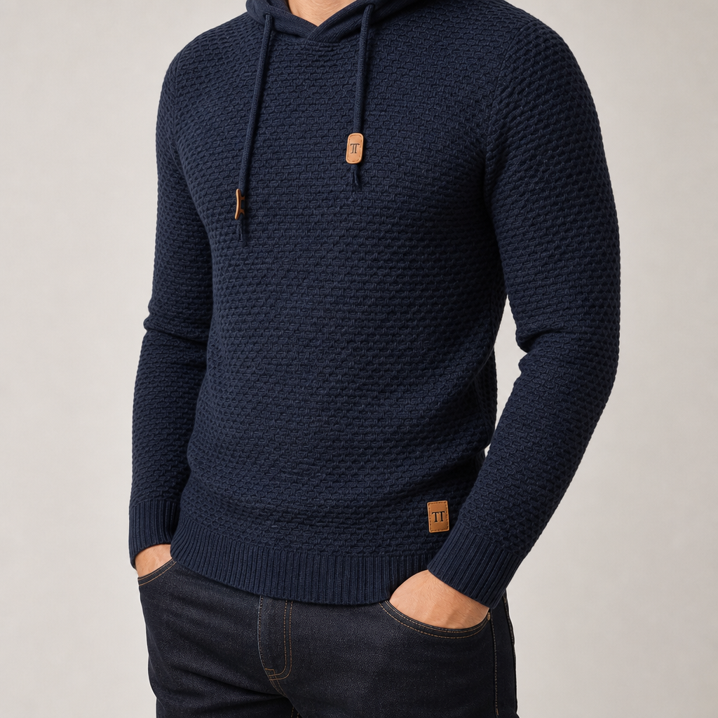 Gebreide hoodie voor heren met mandweefsel en trekkoord