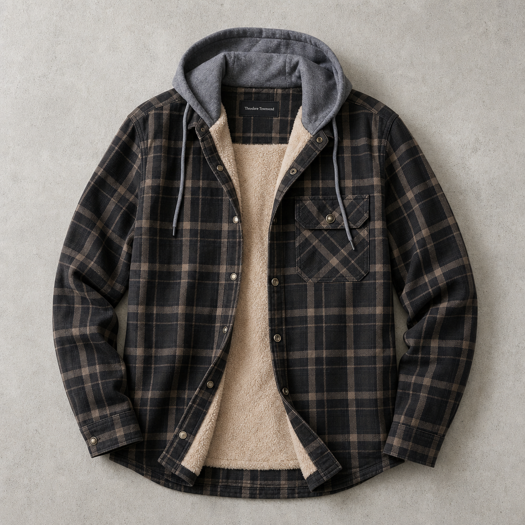 Men's plaid-pattern hooded overshirt lined with faux fur
