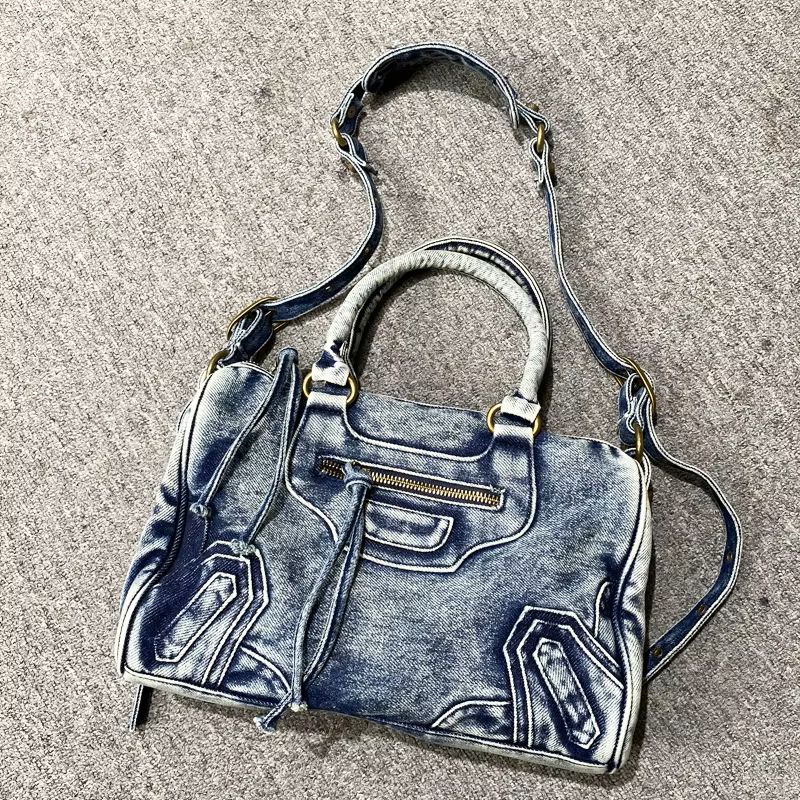 Women's Washed Denim Handbag with Zippered Pockets and Handles