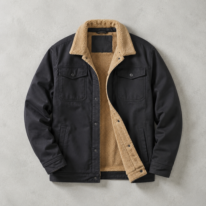 Men's Trucker Jacket Lined with Faux Fur and Chest Pockets