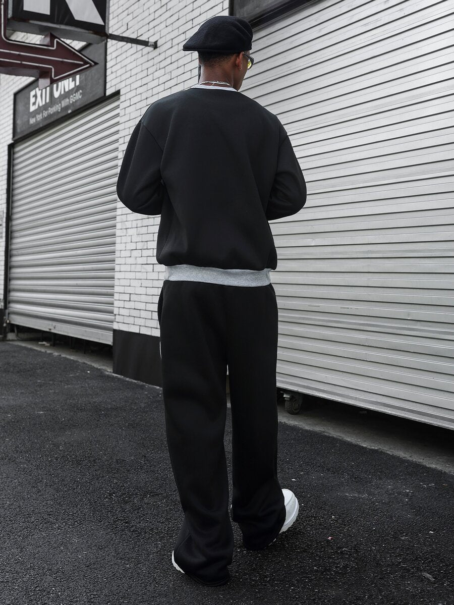 Men's two-tone tracksuit set with crew-neck top and wide-leg pants