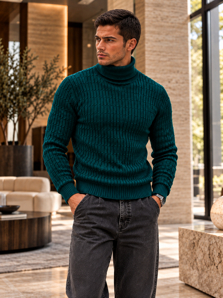 Pull Col Roulé Homme Côtes Verticales En Maille