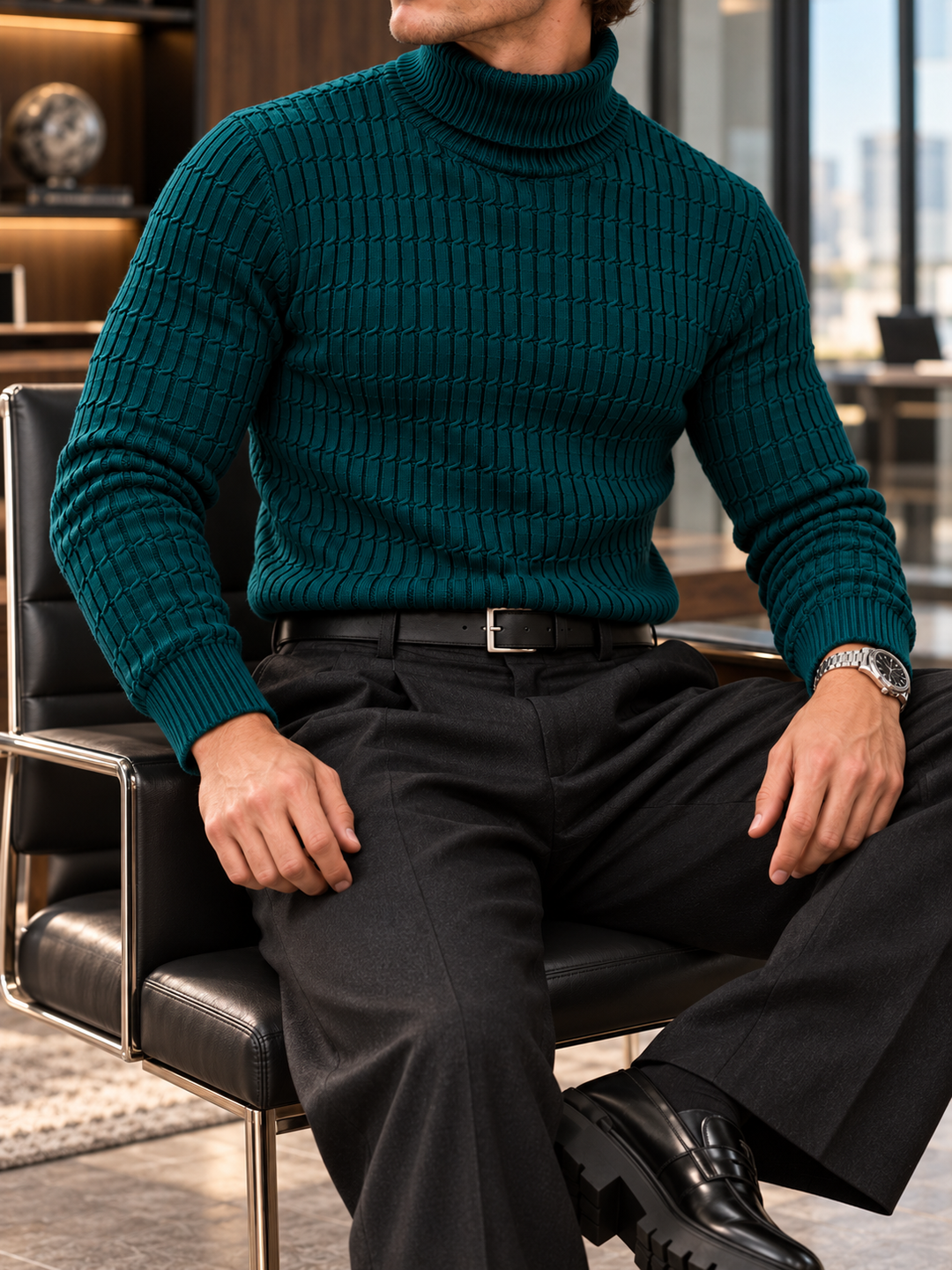 Pull Col Roulé Homme Côtes Verticales En Maille