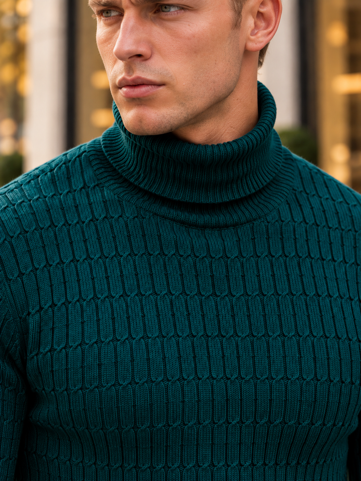 Pull Col Roulé Homme Côtes Verticales En Maille