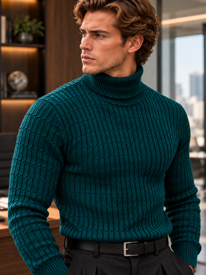 Pull Col Roulé Homme Côtes Verticales En Maille
