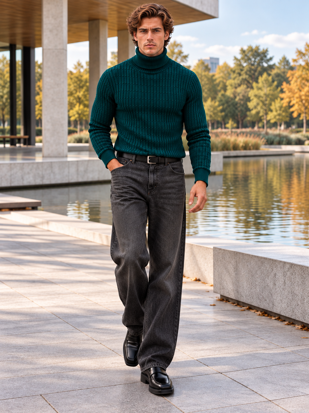 Pull Col Roulé Homme Côtes Verticales En Maille