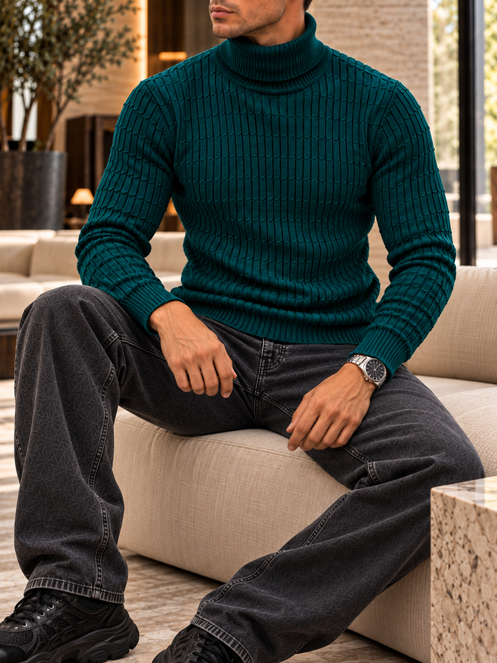 Pull Col Roulé Homme Côtes Verticales En Maille