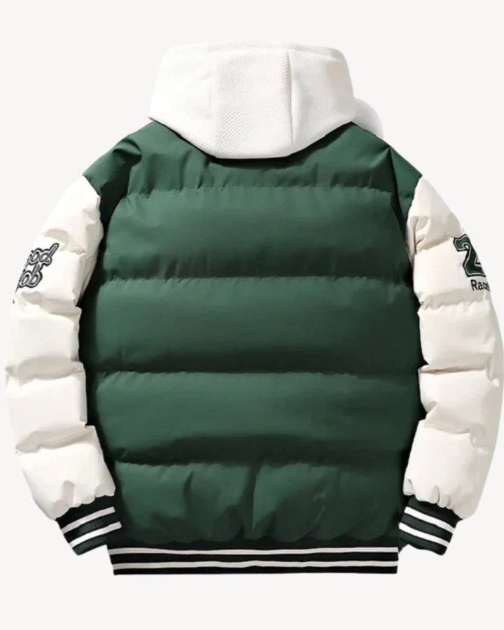 Piumino da uomo trapuntato con cappuccio in stile varsity