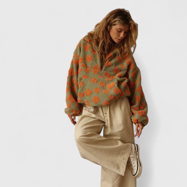 Felpa sherpa da donna - stampa floreale, collo alto e mezza zip