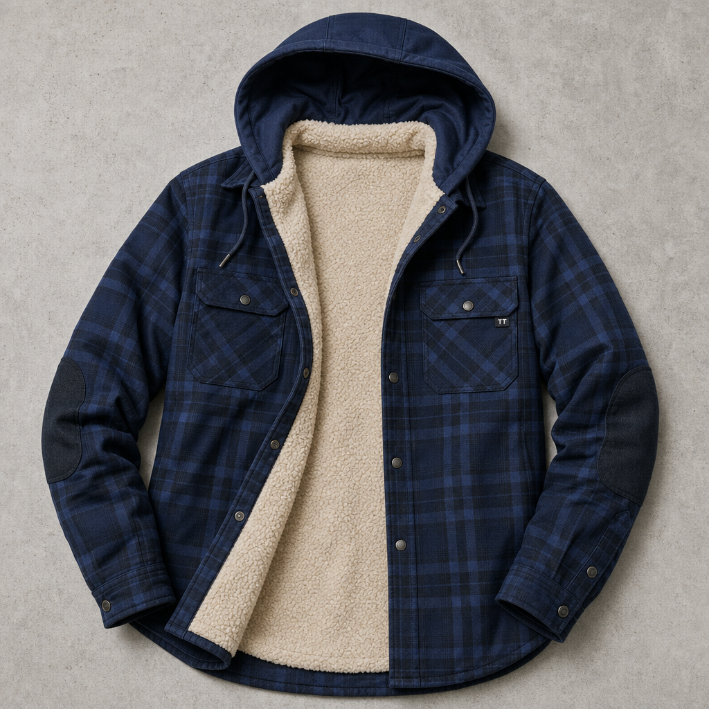 Men's plaid-pattern hooded overshirt lined with faux fur