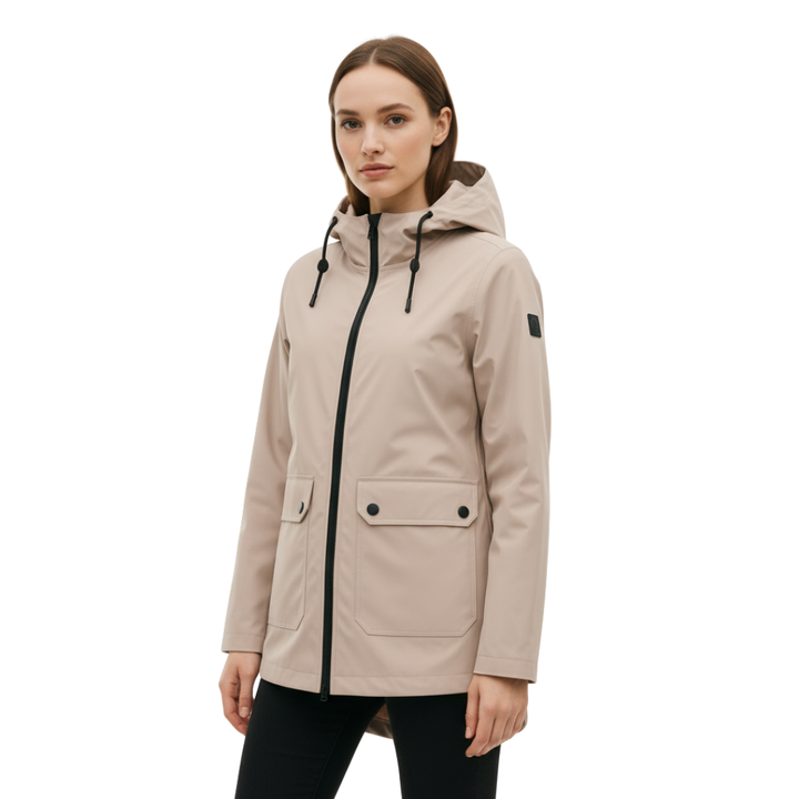Impermeabile da donna lungo con cappuccio, idrorepellente e antivento, leggero
