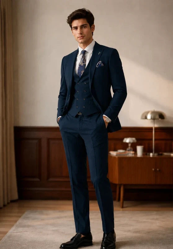 Costume Trois Pièces Homme Coupe Classique avec Gilet Col V et Poches à Rabat