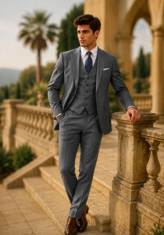 Costume Trois Pièces Homme Coupe Slim Respirant avec Col Notch et Gilet Cinq Boutons
