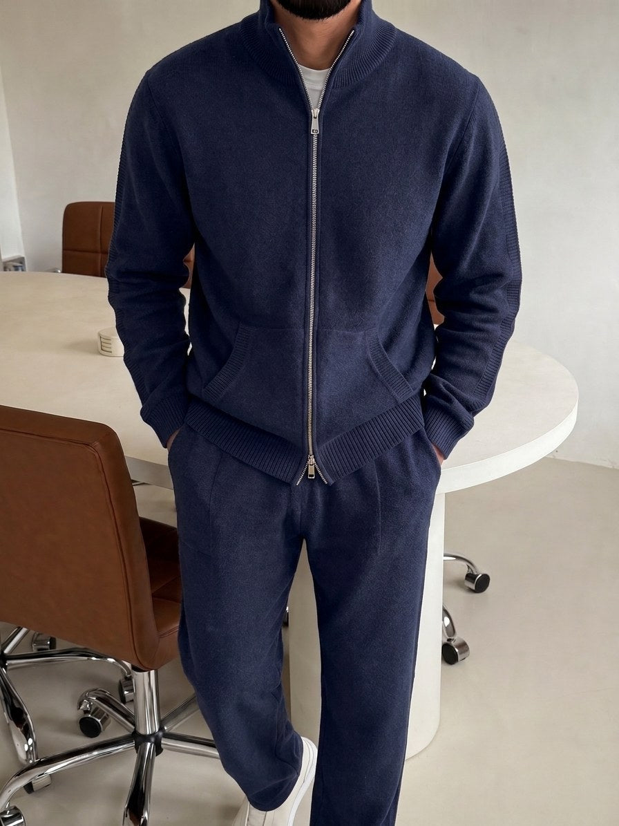 Ensemble Maille Homme Veste Zip Intégral Col Montant Et Pantalon Avec Poches