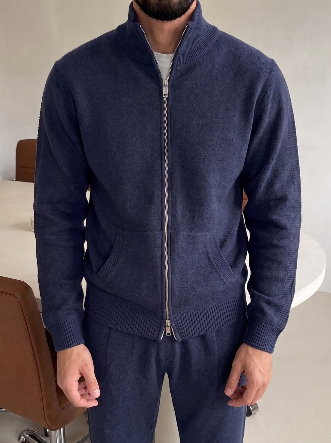 Ensemble Maille Homme Veste Zip Intégral Col Montant Et Pantalon Avec Poches