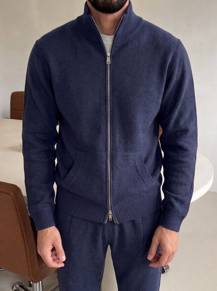 Ensemble Maille Homme Veste Zip Intégral Col Montant Et Pantalon Avec Poches
