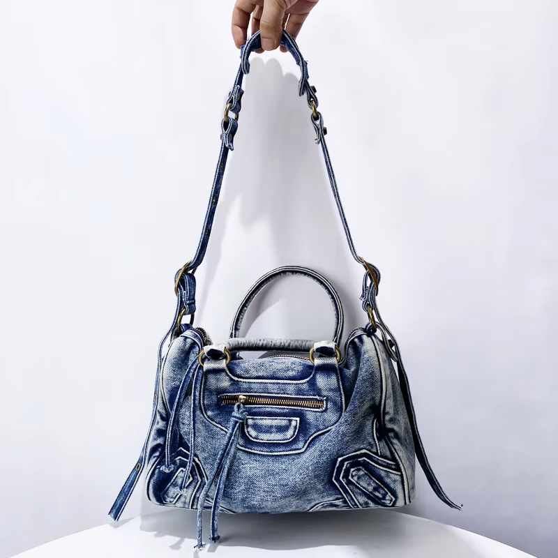 Women's Washed Denim Handbag with Zippered Pockets and Handles