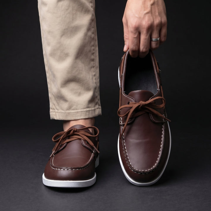 Men's two-tone leather boat shoes with laces and metal eyelets