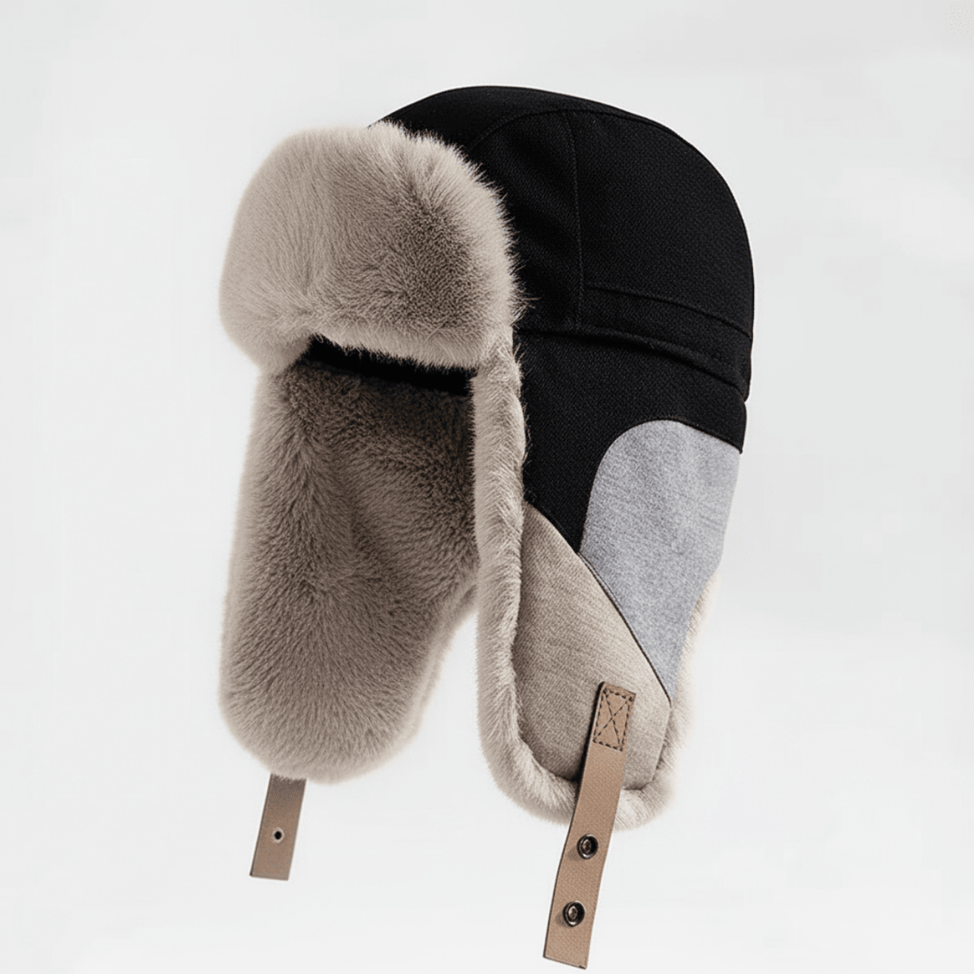 Herenpilotenmuts met imitatiebontvoering, oorflappen en leren banden