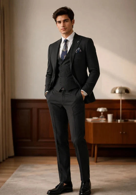 Costume Trois Pièces Homme Coupe Classique avec Gilet Col V et Poches à Rabat